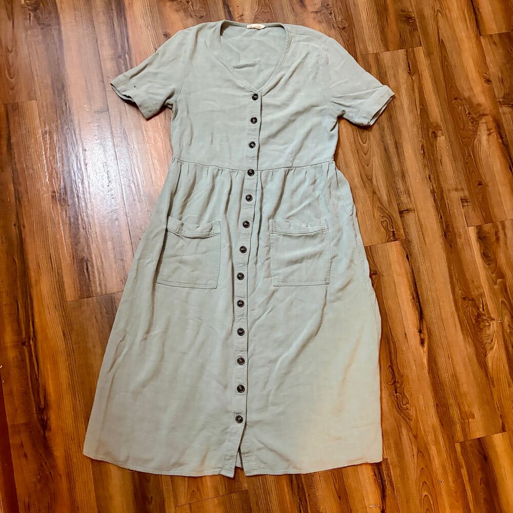 Sage Green Button Front Cottagecore Prarie Midi Dress - Small - Picture 5 of 9